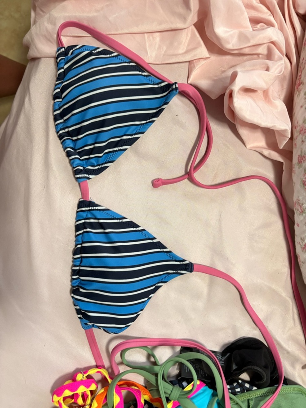 PINK Victoria's Secret Blue & Black Striped Triangle Bikini Top with Pink Ties